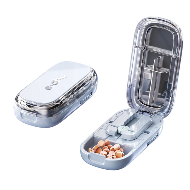 Blue Portable Mini Pill Organizer with 1/2 & 1/4 Precision Cutter - 3-Compartment Daily Travel Medicine Case with Rolling Knob Lock.