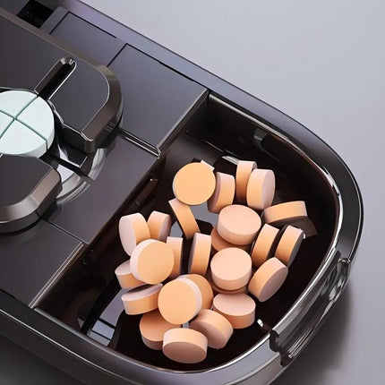 Blue Portable Mini Pill Organizer with 1/2 & 1/4 Precision Cutter - 3-Compartment Daily Travel Medicine Case with Rolling Knob Lock.