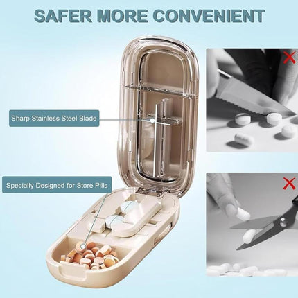 Blue Portable Mini Pill Organizer with 1/2 & 1/4 Precision Cutter - 3-Compartment Daily Travel Medicine Case with Rolling Knob Lock.