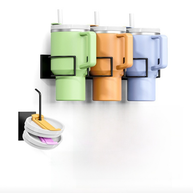 Drill-Free Magnetic Cup Organizer with Dedicated Lid Hook - Heavy Duty Carbon Steel Side Rack for Stanley Tumblers.