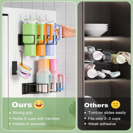 Drill-Free Magnetic Cup Organizer with Dedicated Lid Hook - Heavy Duty Carbon Steel Side Rack for Stanley Tumblers.