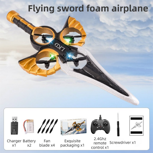L36 Remote Control Flying Stunt Sword with 360° Flip & One-Key Takeoff - Fully Guarded Propellers and LED Night Lights for Safety & 4-Turbofan High Power Motor (2 Battery Included).