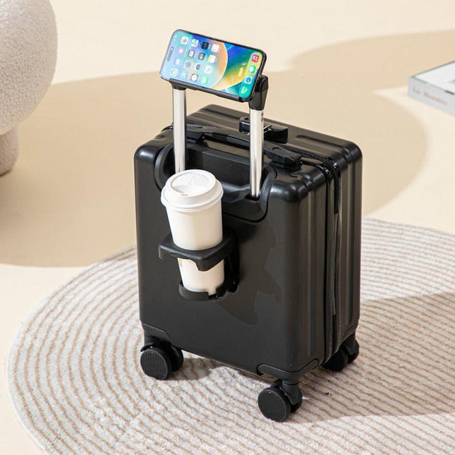 Black 14 Inch Lightweight Carry-on Luggage for heights over 1.6m - Underseat & Overhead Cabin Hardside Suitcase with Cup Holder & Phone Stand.