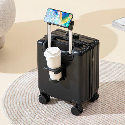 Black 16 Inch Lightweight Carry-on Luggage for heights under 1.6m - Underseat & Overhead Cabin Hardside Suitcase with Cup Holder & Phone Stand.