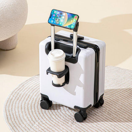 White 16 Inch Lightweight Carry-on Luggage for heights over 1.6m - Underseat & Overhead Cabin Hardside Suitcase with Cup Holder & Phone Stand.