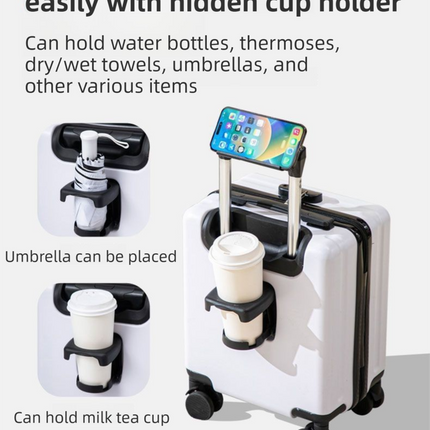 White 16 Inch Lightweight Carry-on Luggage for heights over 1.6m - Underseat & Overhead Cabin Hardside Suitcase with Cup Holder & Phone Stand.