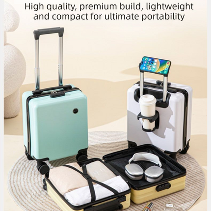White 16 Inch Lightweight Carry-on Luggage for heights over 1.6m - Underseat & Overhead Cabin Hardside Suitcase with Cup Holder & Phone Stand.