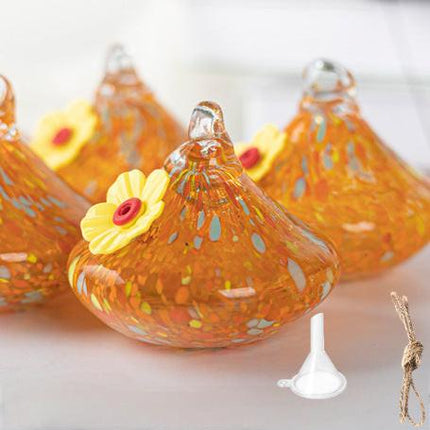 Outdoor Hand-Blown Glass Bird Feeder - Durable Weather-Proof Bird Waterer, Includes Funnel & Hanging Rope (Single - Orange Dot).