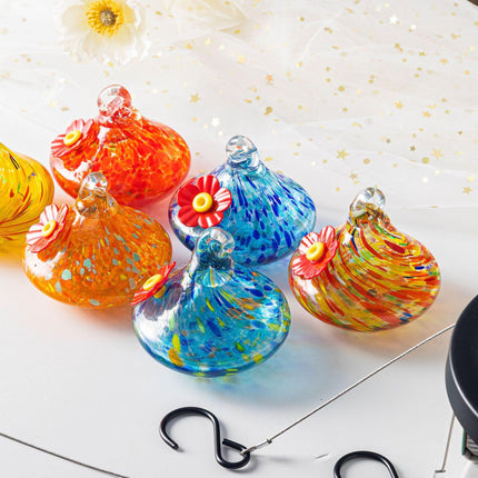 Outdoor Hand-Blown Glass Bird Feeder - Durable Weather-Proof Bird Waterer, Includes Funnel & Hanging Rope (Single - Orange Dot).