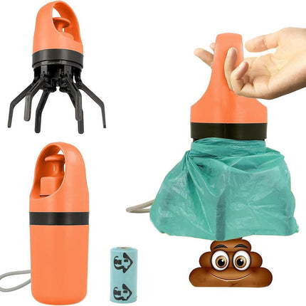 Orange Foldable 6-Claw Pet Pooper Scooper with Integrated Waste Bag Dispenser & 1 Roll of Bags - Durable One-Handed Operation for Outdoor Walking.