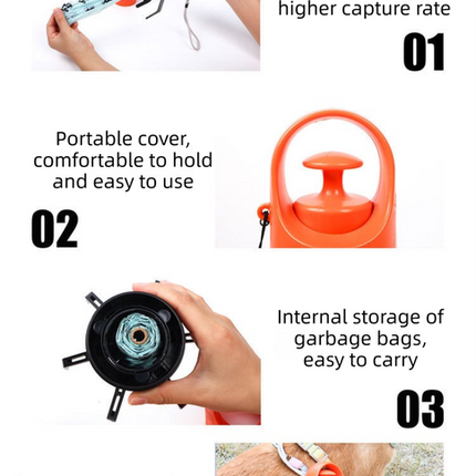 Orange Foldable 6-Claw Pet Pooper Scooper with Integrated Waste Bag Dispenser & 1 Roll of Bags - Durable One-Handed Operation for Outdoor Walking.