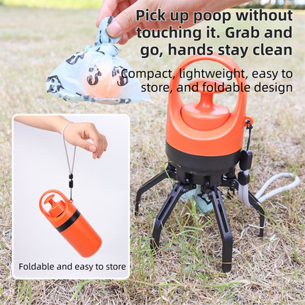 Blue Foldable 6-Claw Pet Pooper Scooper with Integrated Waste Bag Dispenser & 1 Roll of Bags - Durable One-Handed Operation for Outdoor Walking.