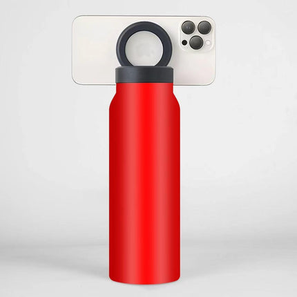 Red 24oz Stainless Steel Insulated Water Bottle With 90° Adjustable Vertical/Horizontal Magnetic Phone Holder - Ringo Style Magnetic Lid Sport Flask.