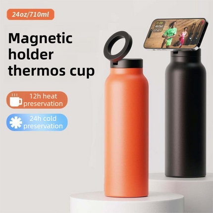 Dark Blue 24oz Stainless Steel Insulated Water Bottle With 90° Adjustable Vertical/Horizontal Magnetic Phone Holder - Ringo Style Magnetic Lid Sport Flask.