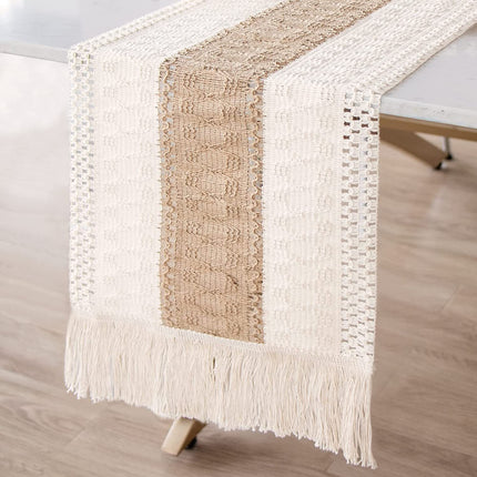 White-Brown Bohemian Woven Dining Mat with Tassels(30X50CM) - Wrinkle-Resistant Striped Placemat for Wedding, Holiday & Outdoor Party.