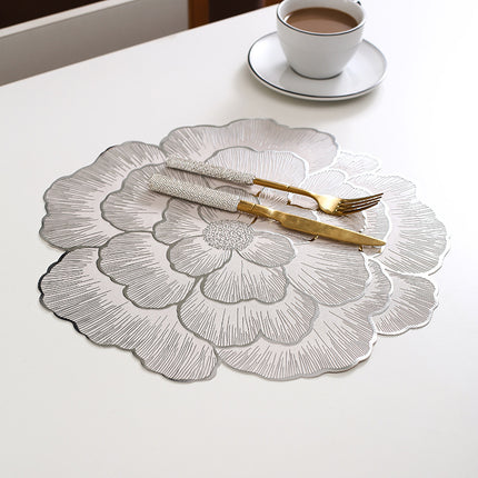 4-Pack Sliver Luxury Bronzing Floral Heat-Insulated Placemats - Peony Style Anti-Slip & Waterproof PVC Table Mats(38x38CM).
