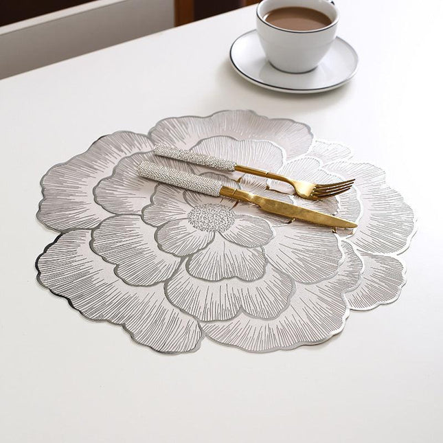 4-Pack Sliver Luxury Bronzing Floral Heat-Insulated Placemats - Peony Style Anti-Slip & Waterproof PVC Table Mats(38x38CM).