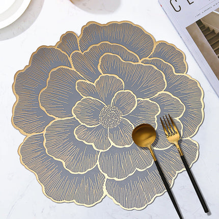 4-Pack Gold & Grey Luxury Bronzing Floral Heat-Insulated Placemats - Peony Style Anti-Slip & Waterproof PVC Table Mats(38x38CM).