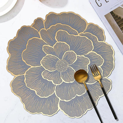 4-Pack Gold & Grey Luxury Bronzing Floral Heat-Insulated Placemats - Peony Style Anti-Slip & Waterproof PVC Table Mats(38x38CM).