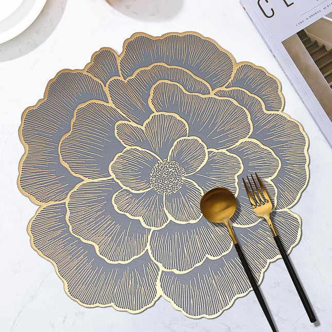 4-Pack Gold & Grey Luxury Bronzing Floral Heat-Insulated Placemats - Peony Style Anti-Slip & Waterproof PVC Table Mats(38x38CM).