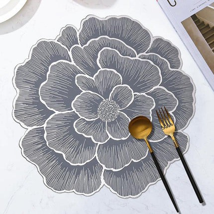 4-Pack Sliver & Grey Luxury Bronzing Floral Heat-Insulated Placemats - Peony Style Anti-Slip & Waterproof PVC Table Mats(38x38CM).