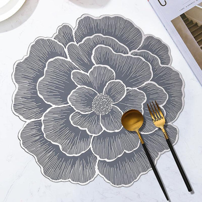 4-Pack Sliver & Grey Luxury Bronzing Floral Heat-Insulated Placemats - Peony Style Anti-Slip & Waterproof PVC Table Mats(38x38CM).