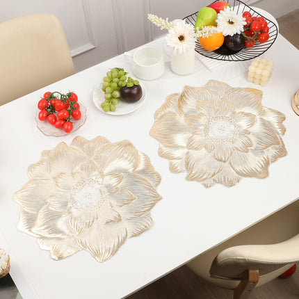 4-Pack Gold Luxury Bronzing Floral Heat-Insulated Placemats - Lotus Style Anti-Slip & Waterproof PVC Table Mats(38x38CM).