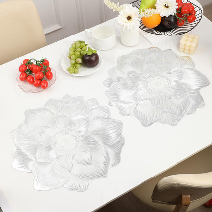4-Pack Sliver Luxury Bronzing Floral Heat-Insulated Placemats - Lotus Style Anti-Slip & Waterproof PVC Table Mats(38x38CM).