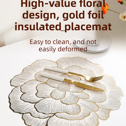4-Pack Sliver Luxury Bronzing Floral Heat-Insulated Placemats - Lotus Style Anti-Slip & Waterproof PVC Table Mats(38x38CM).