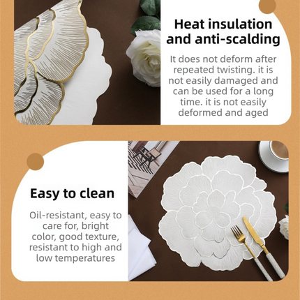 4-Pack Sliver Luxury Bronzing Floral Heat-Insulated Placemats - Lotus Style Anti-Slip & Waterproof PVC Table Mats(38x38CM).