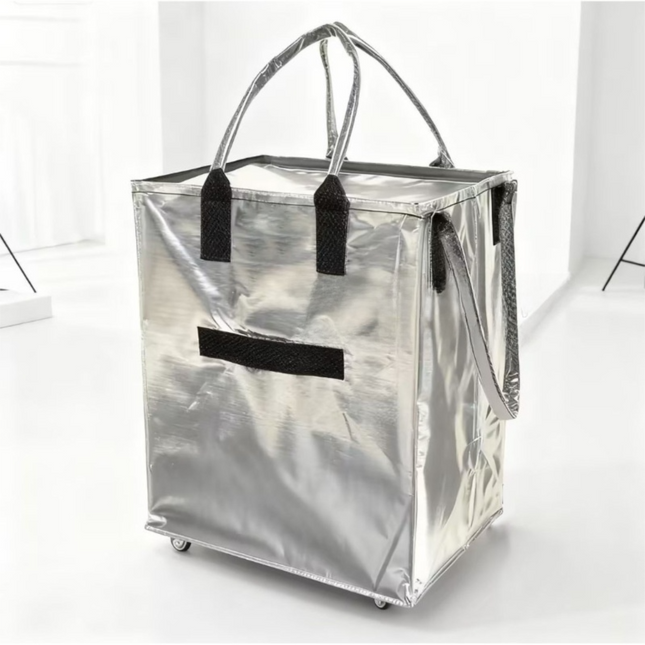Sliver Portable Folding Shopping Trolley Bag(50x40x30CM) - Durable Woven Fabric, Reusable Grocery Bag with Wheels for Effortless Travel.