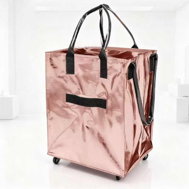Rose-Gold Portable Folding Shopping Trolley Bag(50x40x30CM) - Durable Woven Fabric, Reusable Grocery Bag with Wheels for Effortless Travel.