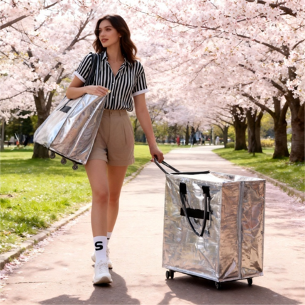 Rose-Gold Portable Folding Shopping Trolley Bag(50x40x30CM) - Durable Woven Fabric, Reusable Grocery Bag with Wheels for Effortless Travel.