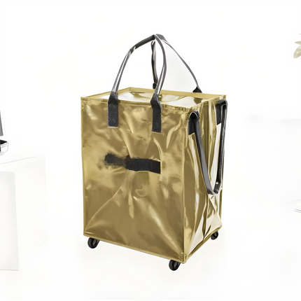 Gold Portable Folding Shopping Trolley Bag(50x40x30CM) - Durable Woven Fabric, Reusable Grocery Bag with Wheels for Effortless Travel.