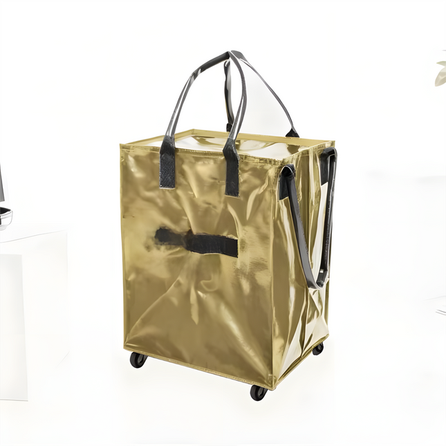 Gold Portable Folding Shopping Trolley Bag(50x40x30CM) - Durable Woven Fabric, Reusable Grocery Bag with Wheels for Effortless Travel.