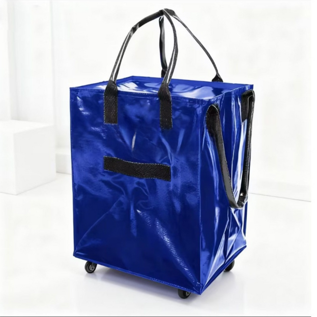 Blue Portable Folding Shopping Trolley Bag(50x40x30CM) - Durable Woven Fabric, Reusable Grocery Bag with Wheels for Effortless Travel.