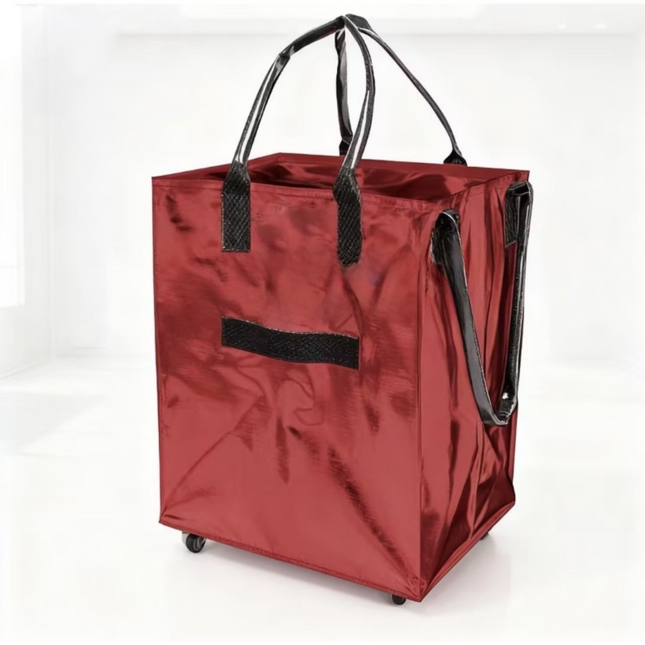 Red Portable Folding Shopping Trolley Bag(50x40x30CM) - Durable Woven Fabric, Reusable Grocery Bag with Wheels for Effortless Travel.
