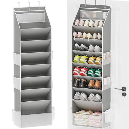 Grey 8-Tier Over-the-Door Shoe Organizer with 7 Slanted & 1 Flat & 6 Side Pockets - Multi-Functional Wall Mount  for Shoes, Bags and Towels.