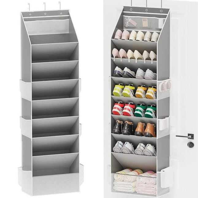 Grey 8-Tier Over-the-Door Shoe Organizer with 7 Slanted & 1 Flat & 6 Side Pockets - Multi-Functional Wall Mount  for Shoes, Bags and Towels.