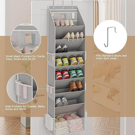 Grey 8-Tier Over-the-Door Shoe Organizer with 7 Slanted & 1 Flat & 6 Side Pockets - Multi-Functional Wall Mount  for Shoes, Bags and Towels.