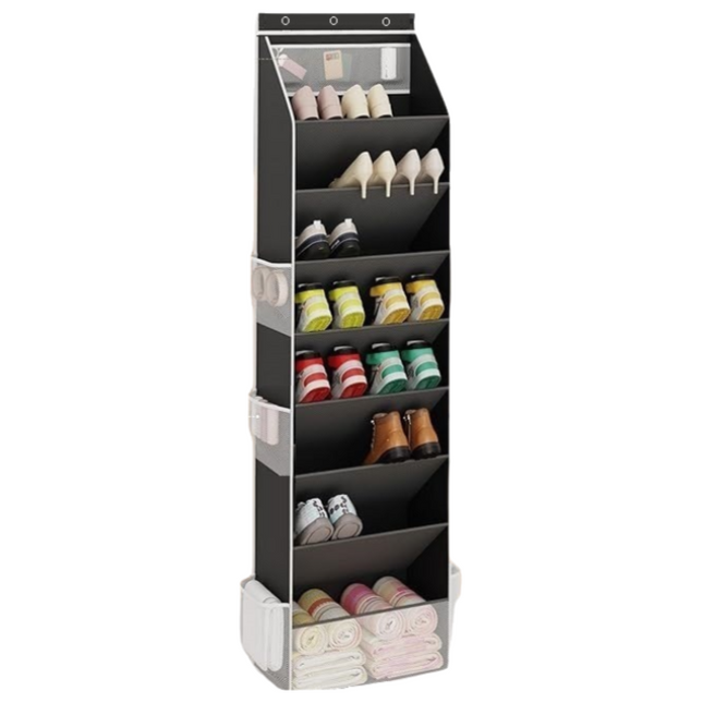 Black 8-Tier Over-the-Door Shoe Organizer with 7 Slanted & 1 Flat & 6 Side Pockets - Multi-Functional Wall Mount  for Shoes, Bags and Towels.