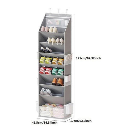 Black 8-Tier Over-the-Door Shoe Organizer with 7 Slanted & 1 Flat & 6 Side Pockets - Multi-Functional Wall Mount  for Shoes, Bags and Towels.