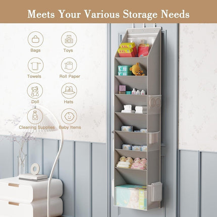 Black 8-Tier Over-the-Door Shoe Organizer with 7 Slanted & 1 Flat & 6 Side Pockets - Multi-Functional Wall Mount  for Shoes, Bags and Towels.