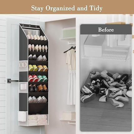 Black 8-Tier Over-the-Door Shoe Organizer with 7 Slanted & 1 Flat & 6 Side Pockets - Multi-Functional Wall Mount  for Shoes, Bags and Towels.