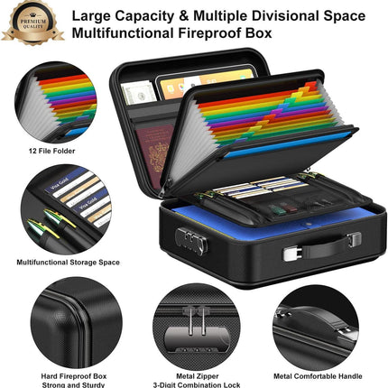3-Layer Fireproof & Waterproof File Organizer Box(38x28x13CM) with Security Lock - EVA Muti-Functional Safety Briefcase for Certificates, Passports & Valuables.