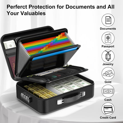 3-Layer Fireproof & Waterproof File Organizer Box(38x28x13CM) with Security Lock - EVA Muti-Functional Safety Briefcase for Certificates, Passports & Valuables.