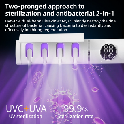 White 4-Slot Compact UV Toothbrush Sanitizer with Turbo Drying Fan & LCD Display - Anti-Dust Toothbrush Holder, 10-Minute One-Touch Deep Clean.
