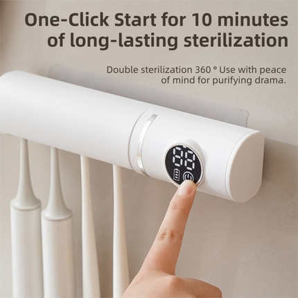 White 4-Slot Compact UV Toothbrush Sanitizer with Turbo Drying Fan & LCD Display - Anti-Dust Toothbrush Holder, 10-Minute One-Touch Deep Clean.