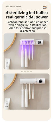 White 4-Slot Compact UV Toothbrush Sanitizer with Turbo Drying Fan & LCD Display - Anti-Dust Toothbrush Holder, 10-Minute One-Touch Deep Clean.