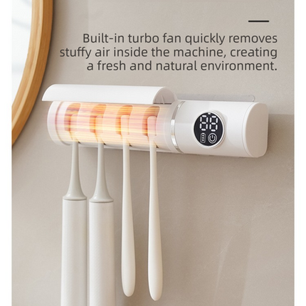 White 4-Slot Compact UV Toothbrush Sanitizer with Turbo Drying Fan & LCD Display - Anti-Dust Toothbrush Holder, 10-Minute One-Touch Deep Clean.